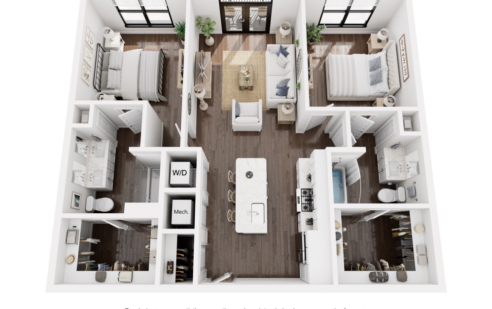 Buttonwood - 2 bedroom floorplan layout with 2 bathrooms and 1050 square feet