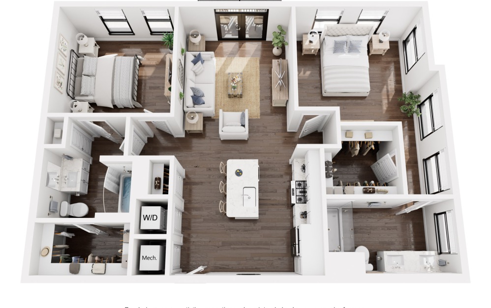 Highland - 2 bedroom floorplan layout with 2 bathrooms and 1132 square feet