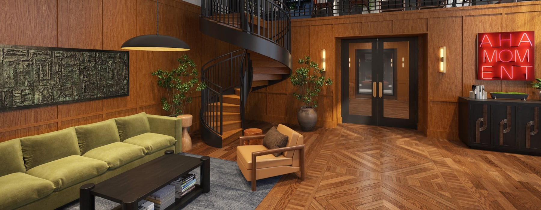 rendering of lobby area showing modern decor and a spiral staircase