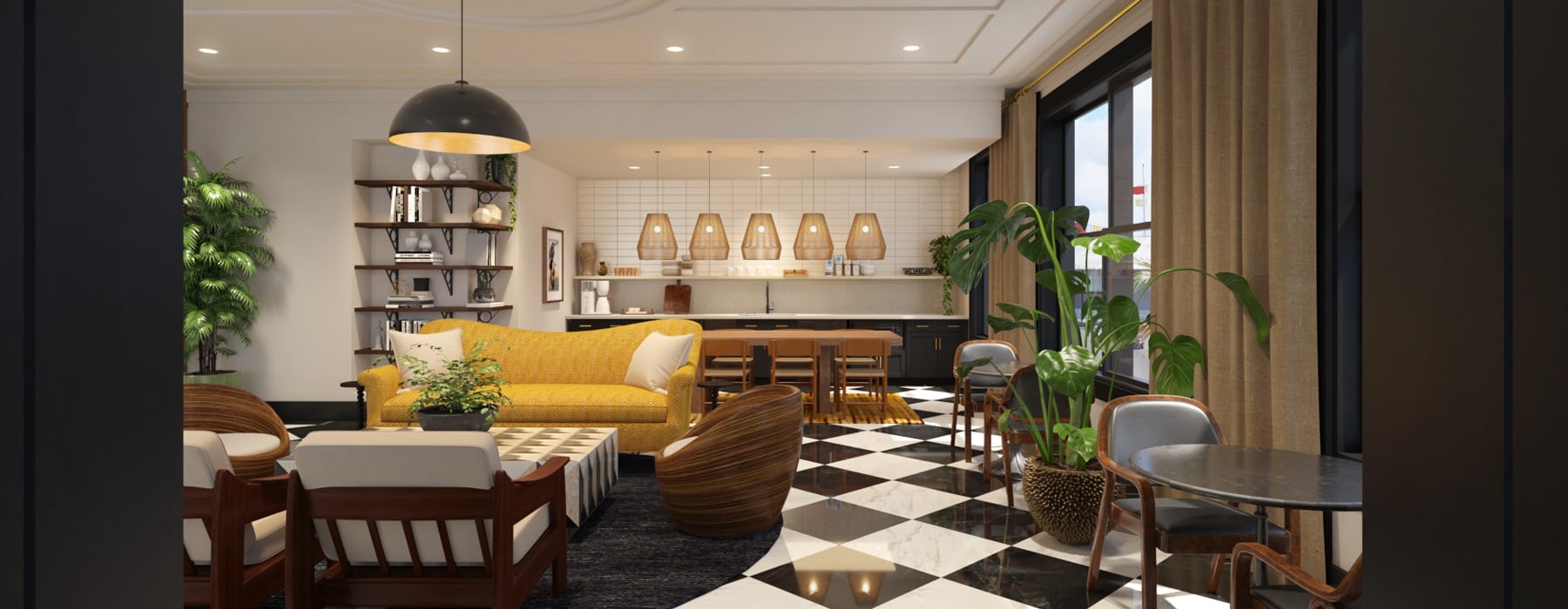rendering of open living concept showing living, dining, and kitchen combined with bright-natural lighting and easy access in between areas