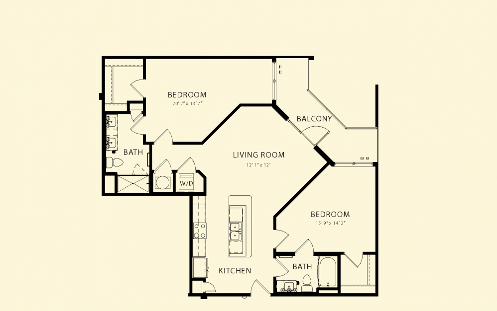Elmwood - 2 bedroom floorplan layout with 2 baths and 1138 square feet.