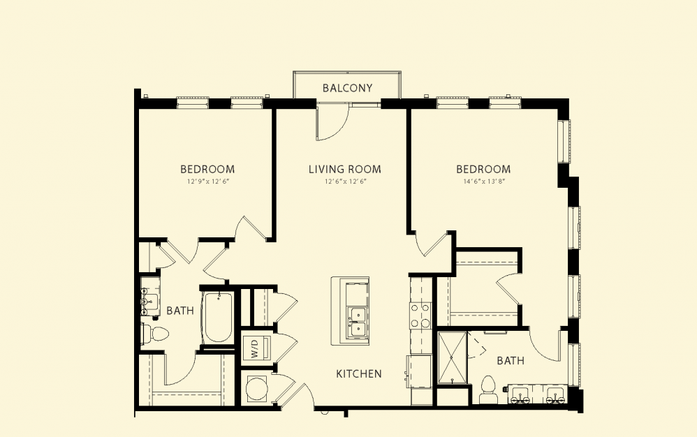 Highland - 2 bedroom floorplan layout with 2 baths and 1132 square feet.