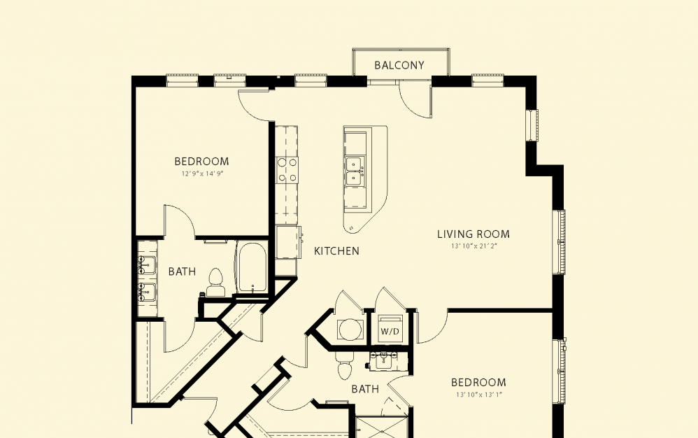 Brookline - 2 bedroom floorplan layout with 2 baths and 1286 square feet.