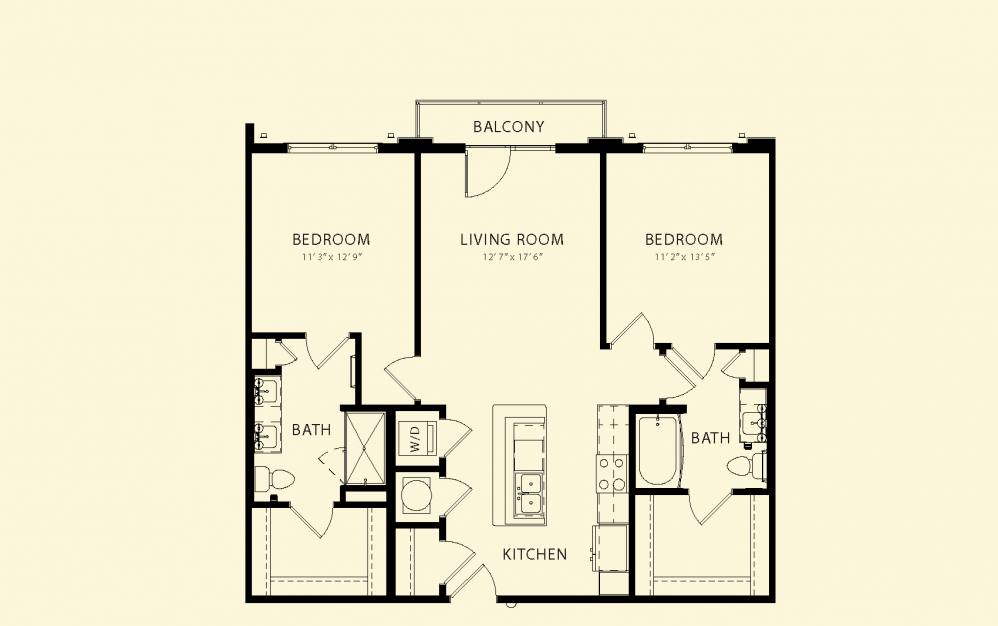 Buttonwood - 2 bedroom floorplan layout with 2 baths and 1050 square feet.
