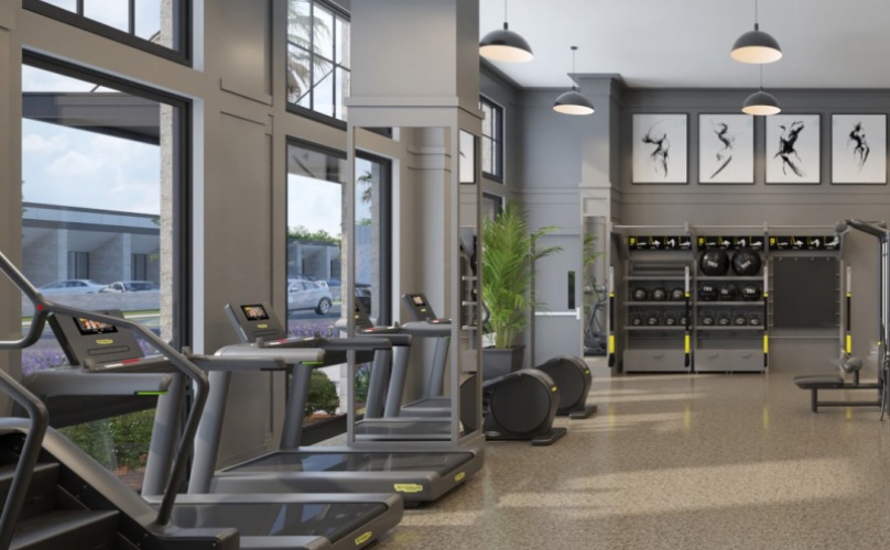 rendering of fitness center showing high ceilings, modern decor and equipment